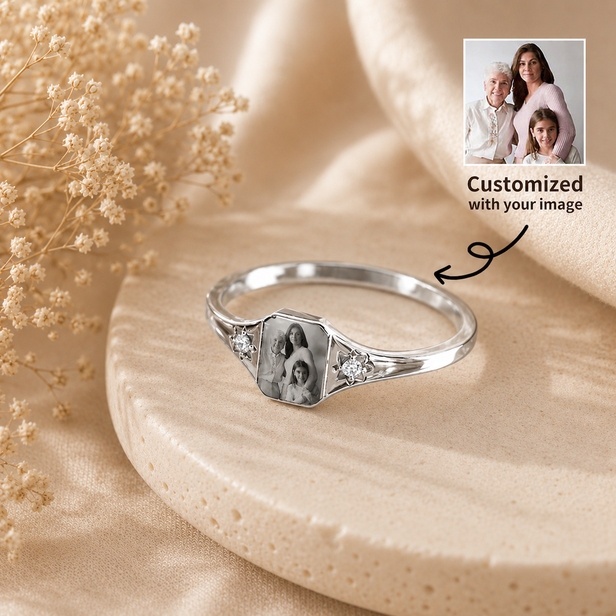 Personalized Birthstone Photo Ring – Custom Picture Ring with Birthstone Keepsake Gift