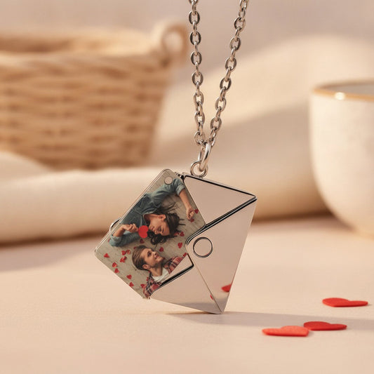 Personalized Envelope Locket Necklace Custom Engraved Photo Necklace