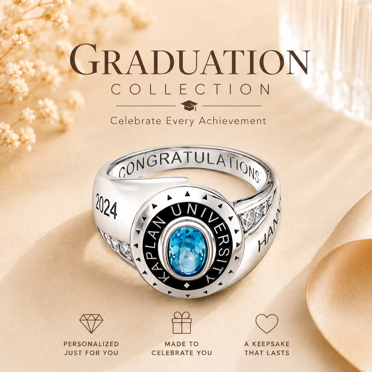 Personalized graduation class ring with blue birthstone on soft beige background.