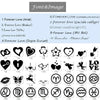Collection of heart and symbol designs with various fonts above them on a light blue background.