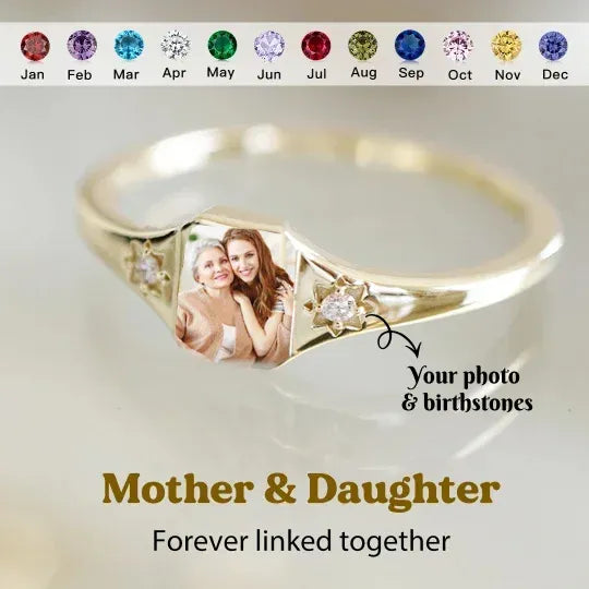 Personalized Birthstone Photo Ring – Custom Picture Ring with Birthstone Keepsake Gift