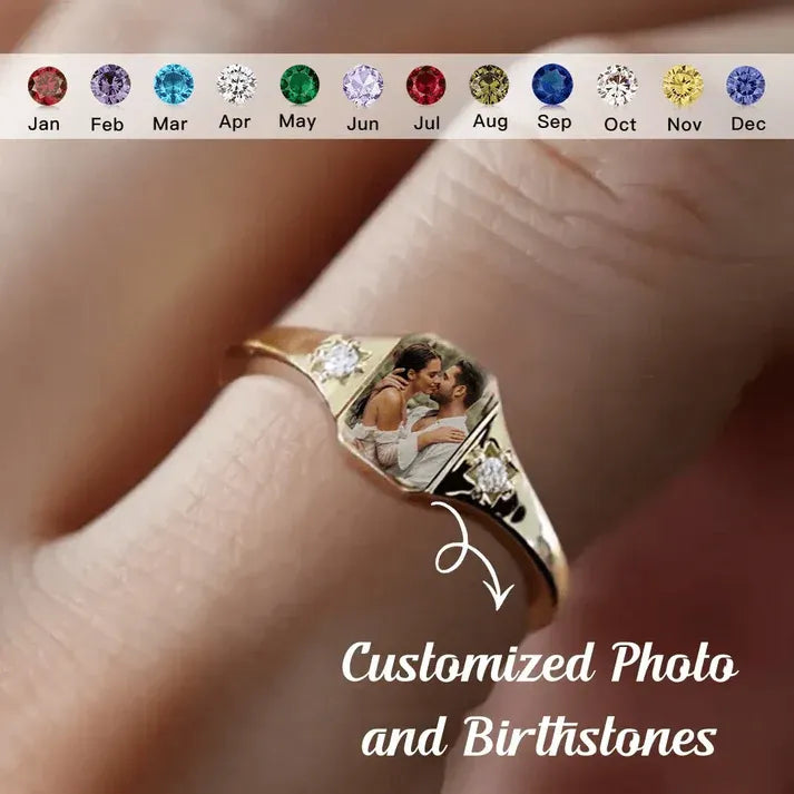 Personalized Birthstone Photo Ring – Custom Picture Ring with Birthstone Keepsake Gift