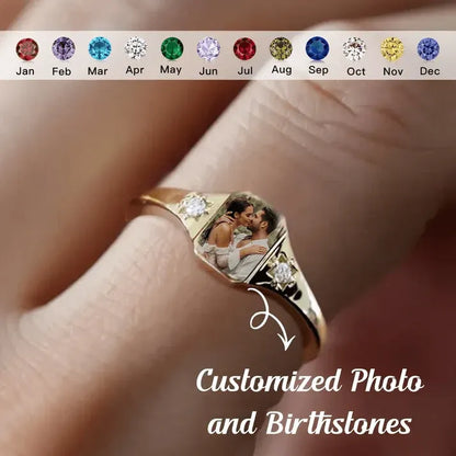 Personalized Birthstone Photo Ring – Custom Picture Ring with Birthstone Keepsake Gift