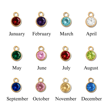 Birthstone charm color options available for personalized engraved memory necklace by birth month