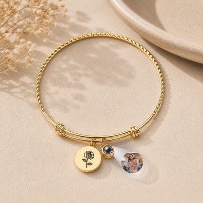 Personalized Birth Flower Photo Projection Bracelet | Custom Picture Gift