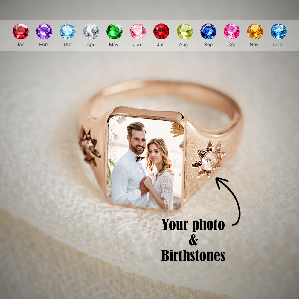 Personalized Birthstone Photo Ring – Custom Picture Ring with Birthstone Keepsake Gift