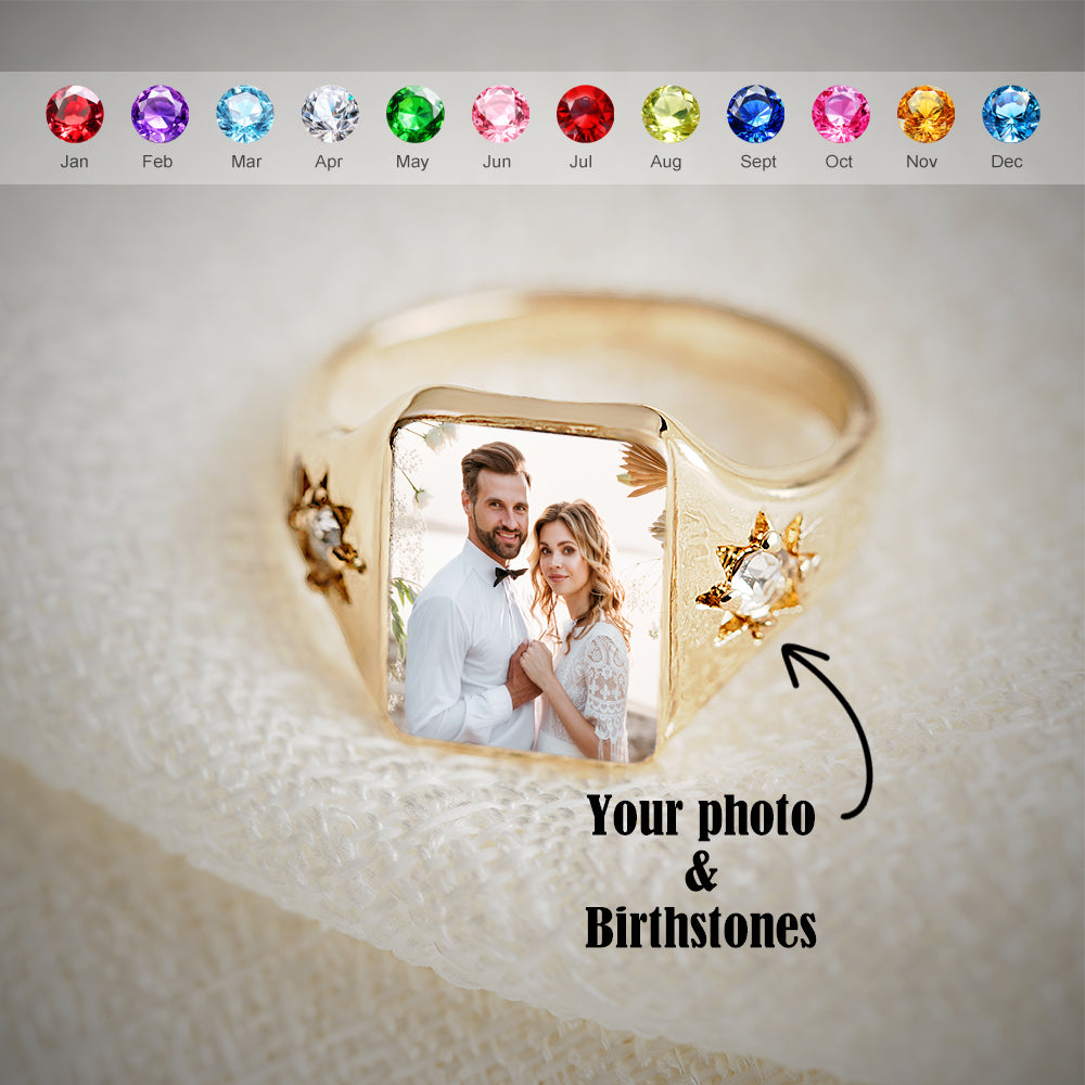 Personalized Birthstone Photo Ring – Custom Picture Ring with Birthstone Keepsake Gift