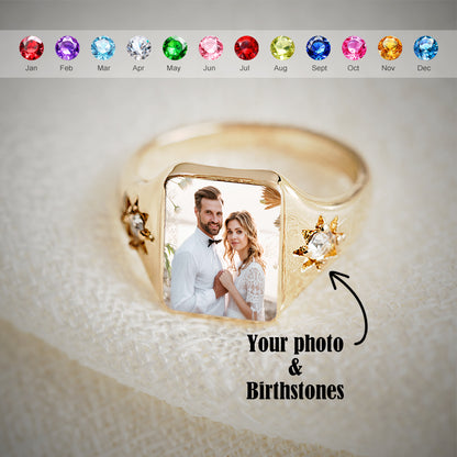 Personalized Birthstone Photo Ring – Custom Picture Ring with Birthstone Keepsake Gift