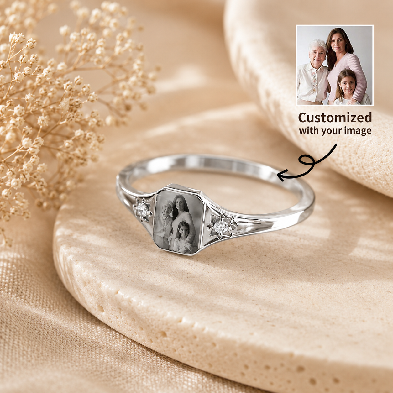 Personalized Birthstone Photo Ring – Custom Picture Ring with Birthstone Keepsake Gift