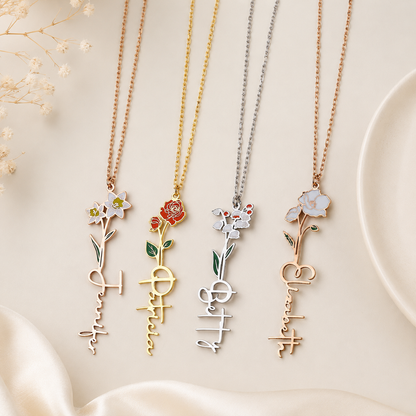 Five floral necklaces with different designs on a light background