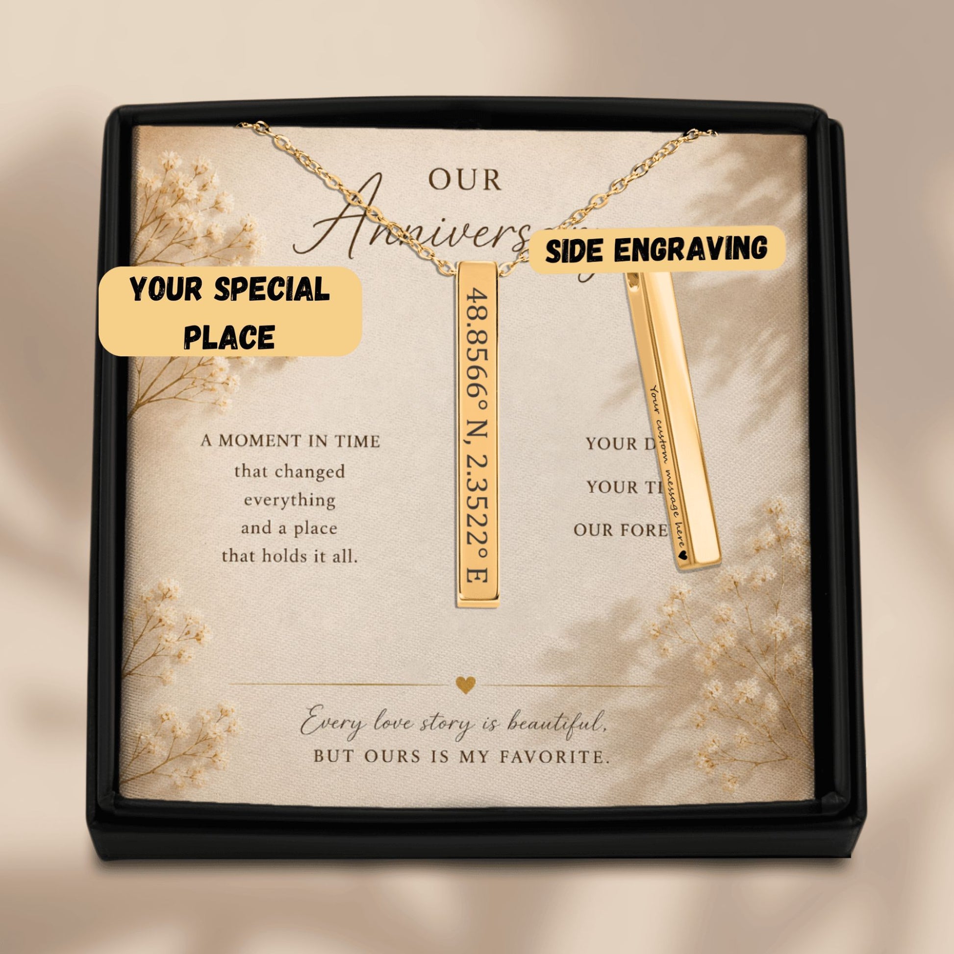 Gold necklace with engraved coordinates in a decorative box