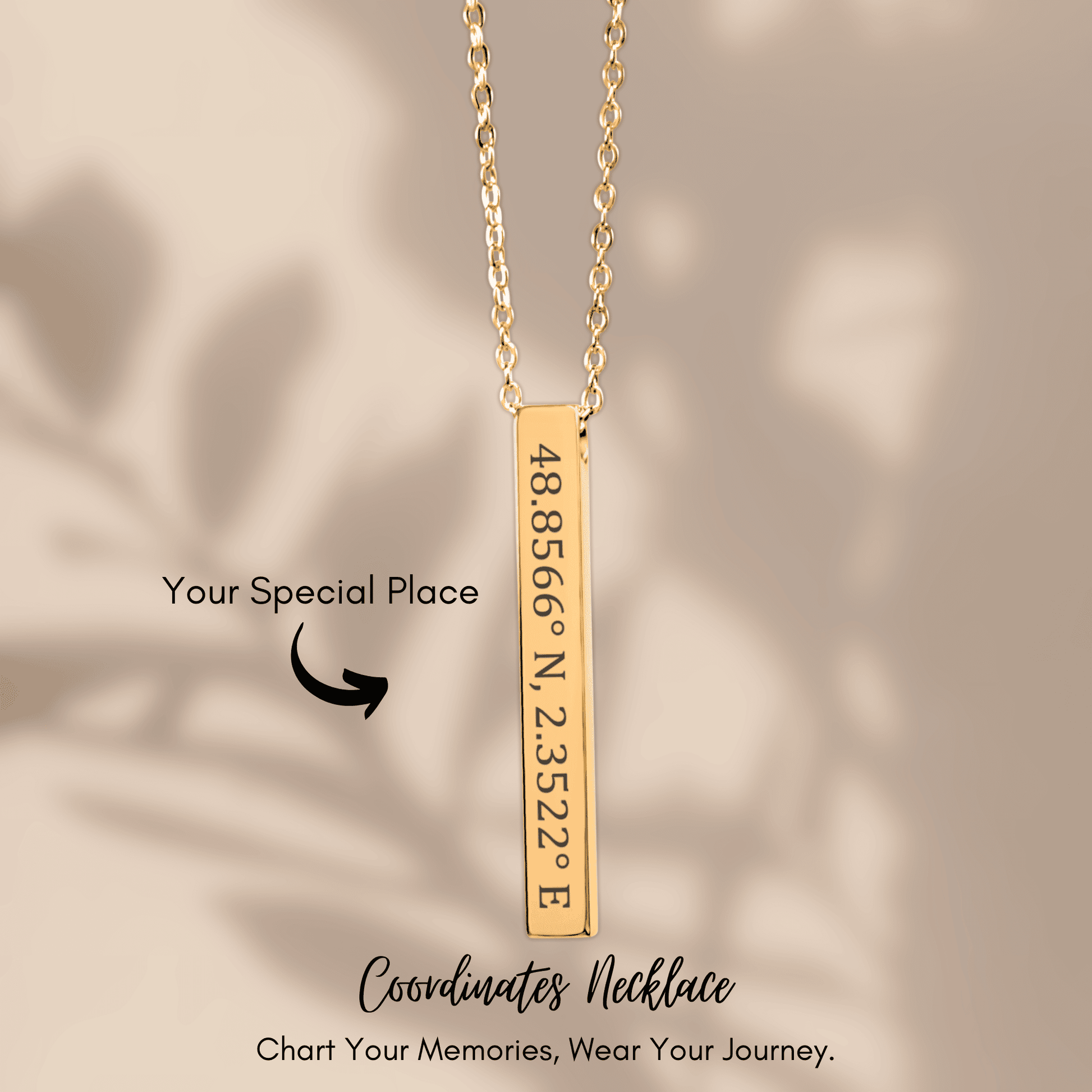 Gold coordinates necklace on a beige background