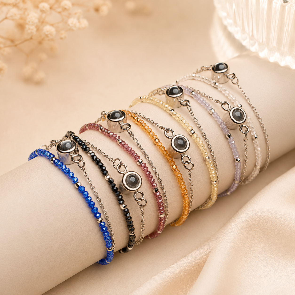 Personalized Crystal Memory Bracelet all colors on a jewelry display