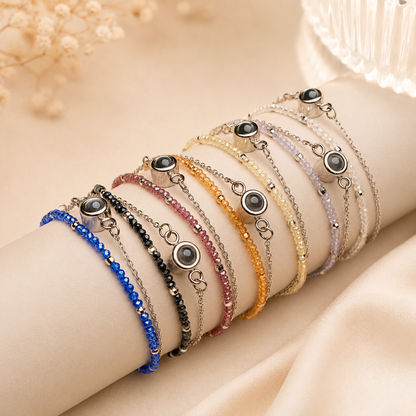 Personalized Crystal Memory Bracelet all colors on a jewelry display