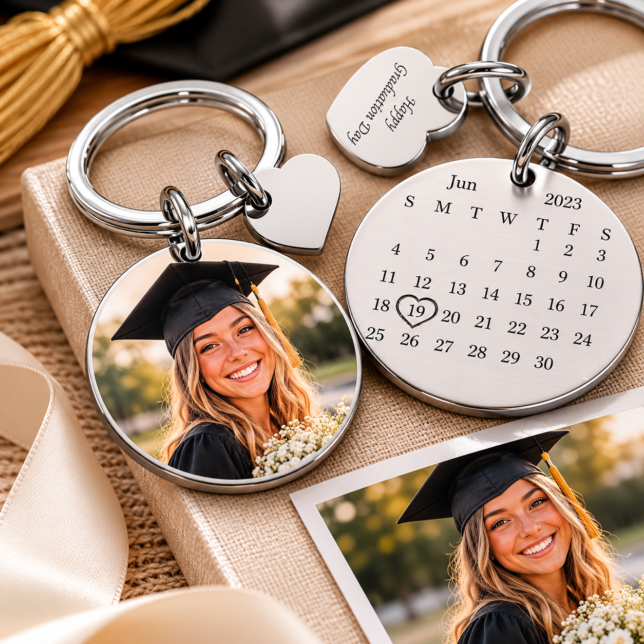 Keychain with photo charm and calendar charm on a textured surface