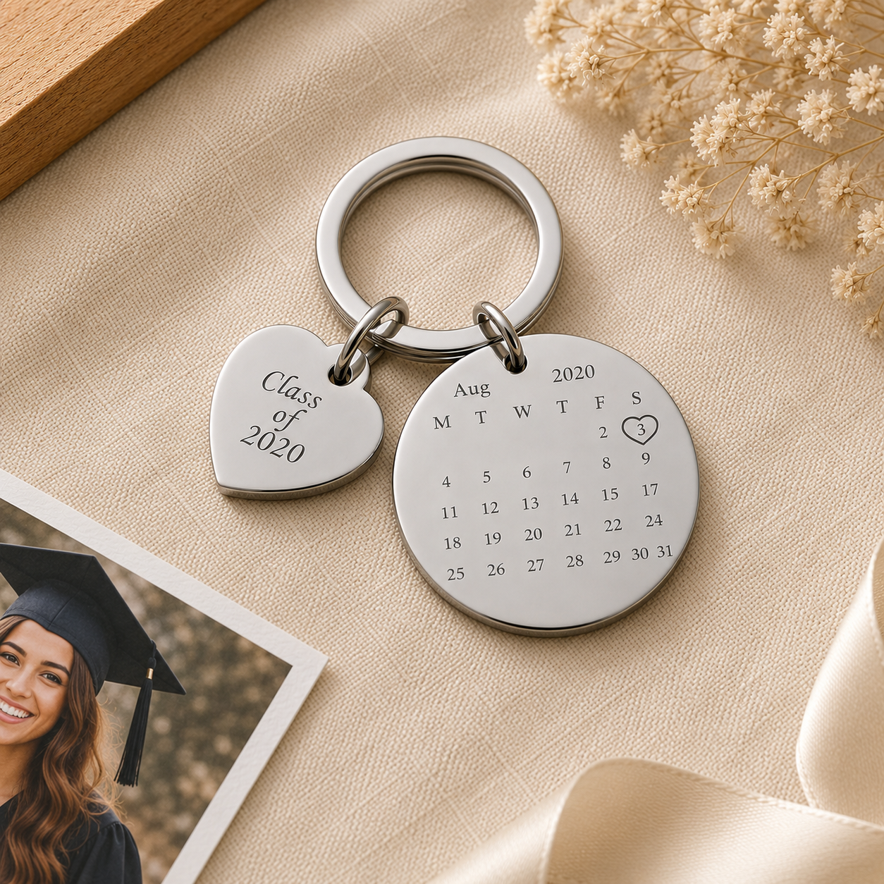 Keychain with 'Class of 2020' and calendar engraving on a beige surface with flowers and a graduation photo.