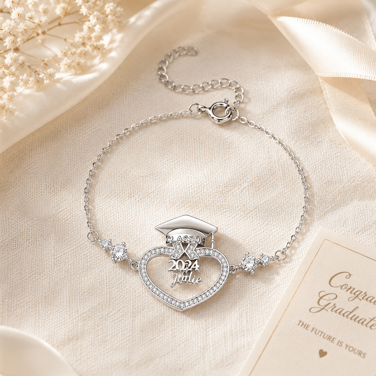 Silver bracelet with graduation cap design on a beige fabric background