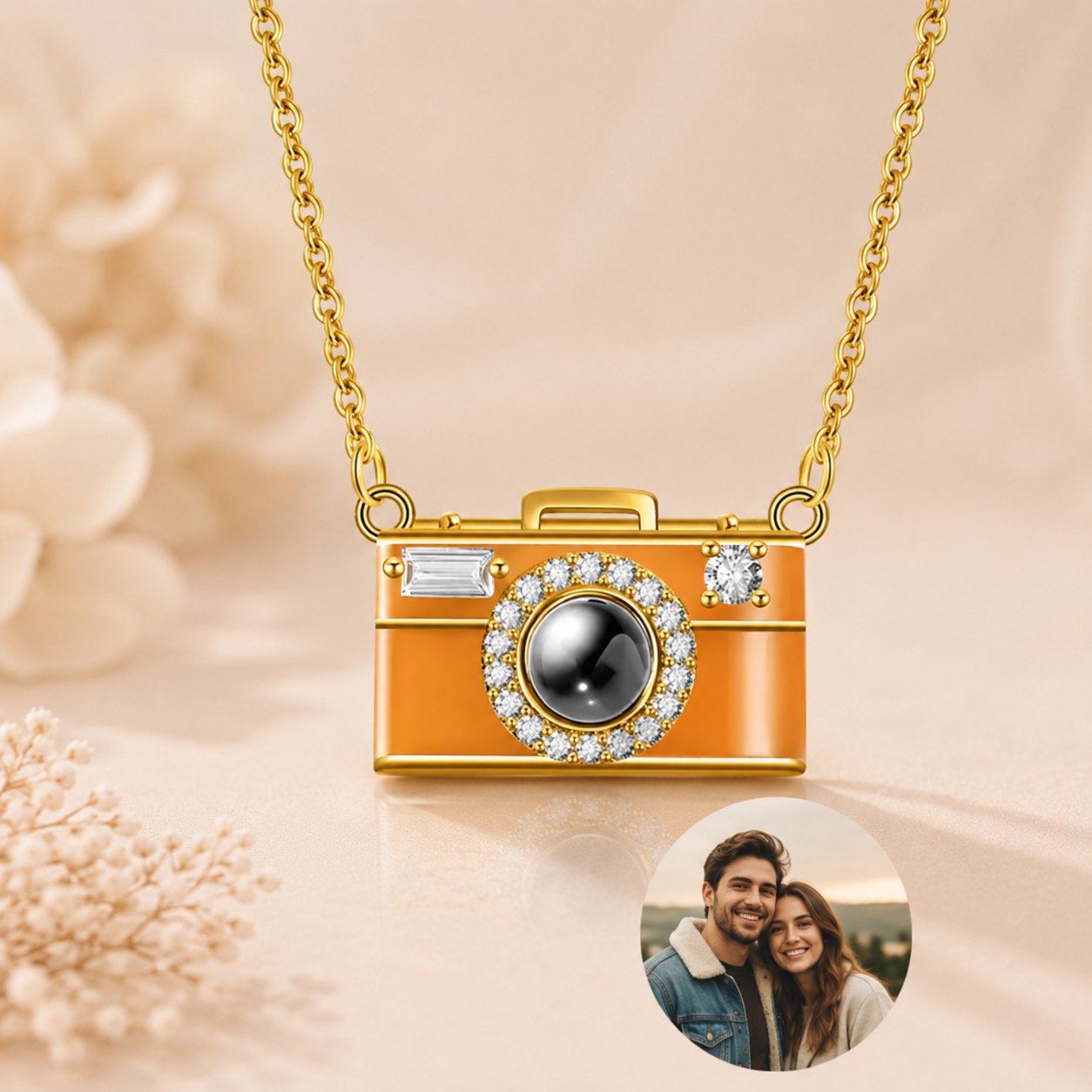 Camera-shaped pendant necklace with decorative elements on a soft background