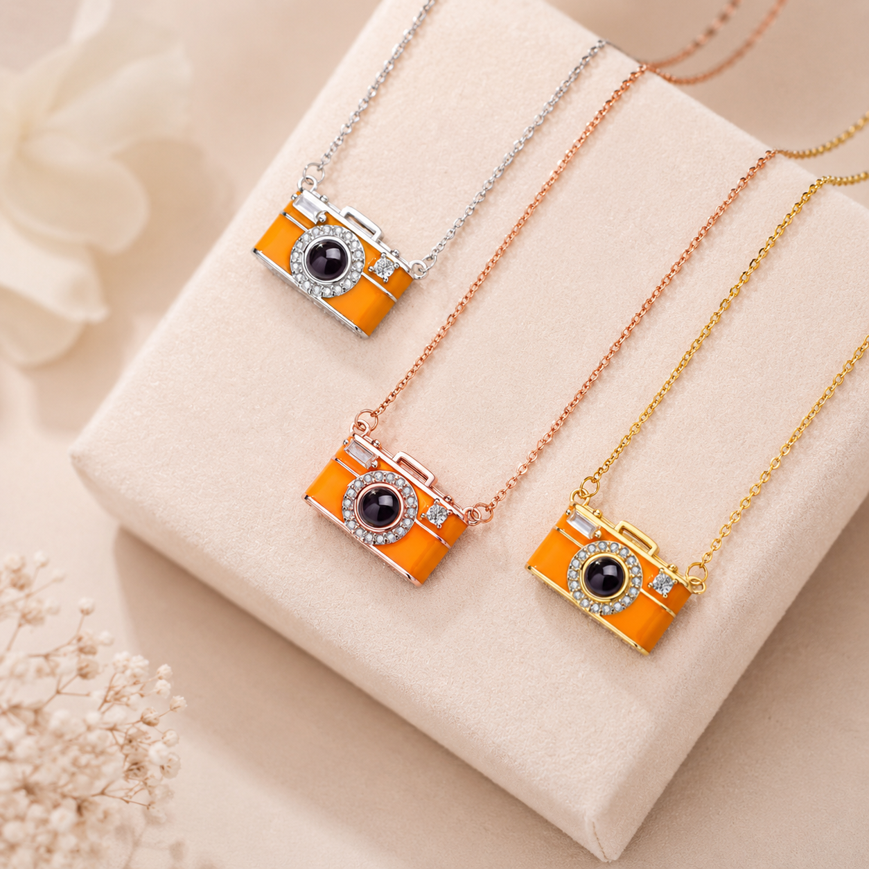 Three camera-shaped projection pendants on necklaces with different colored chains on a beige surface.