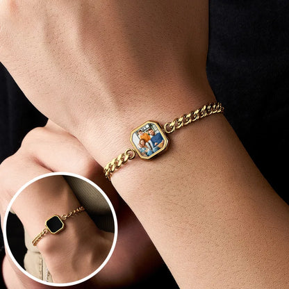Gold bracelet with a decorative clasp on a wrist, with an inset showing a close-up of the clasp.
