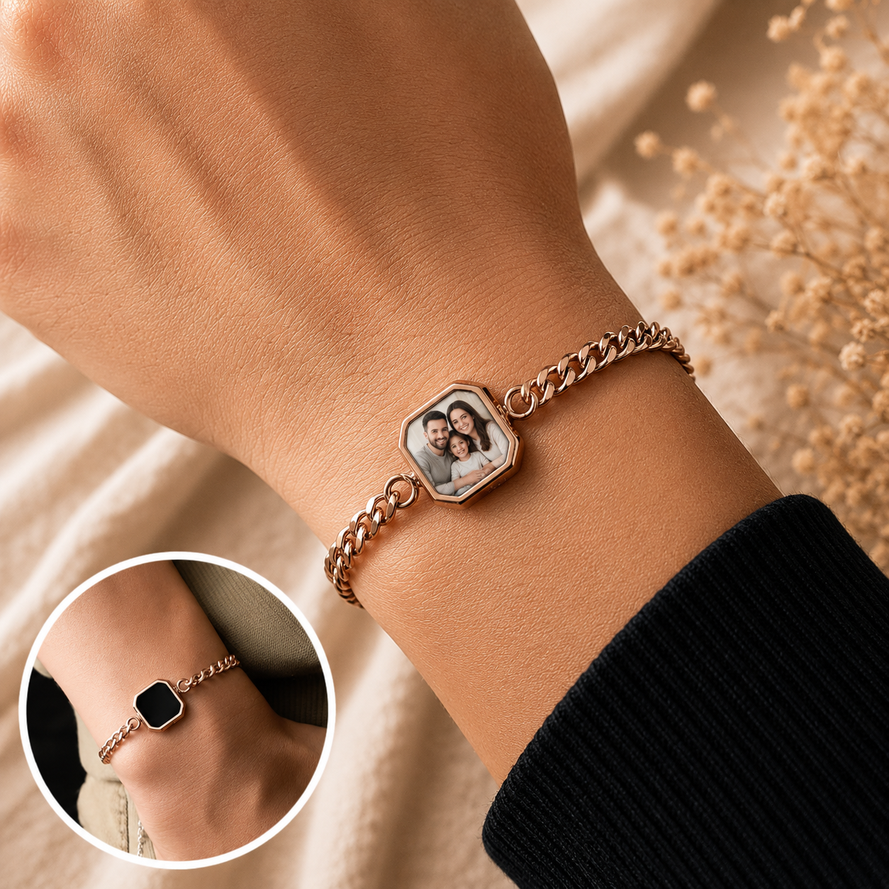 Rose gold bracelet with a photo charm on a wrist, with a close-up inset.