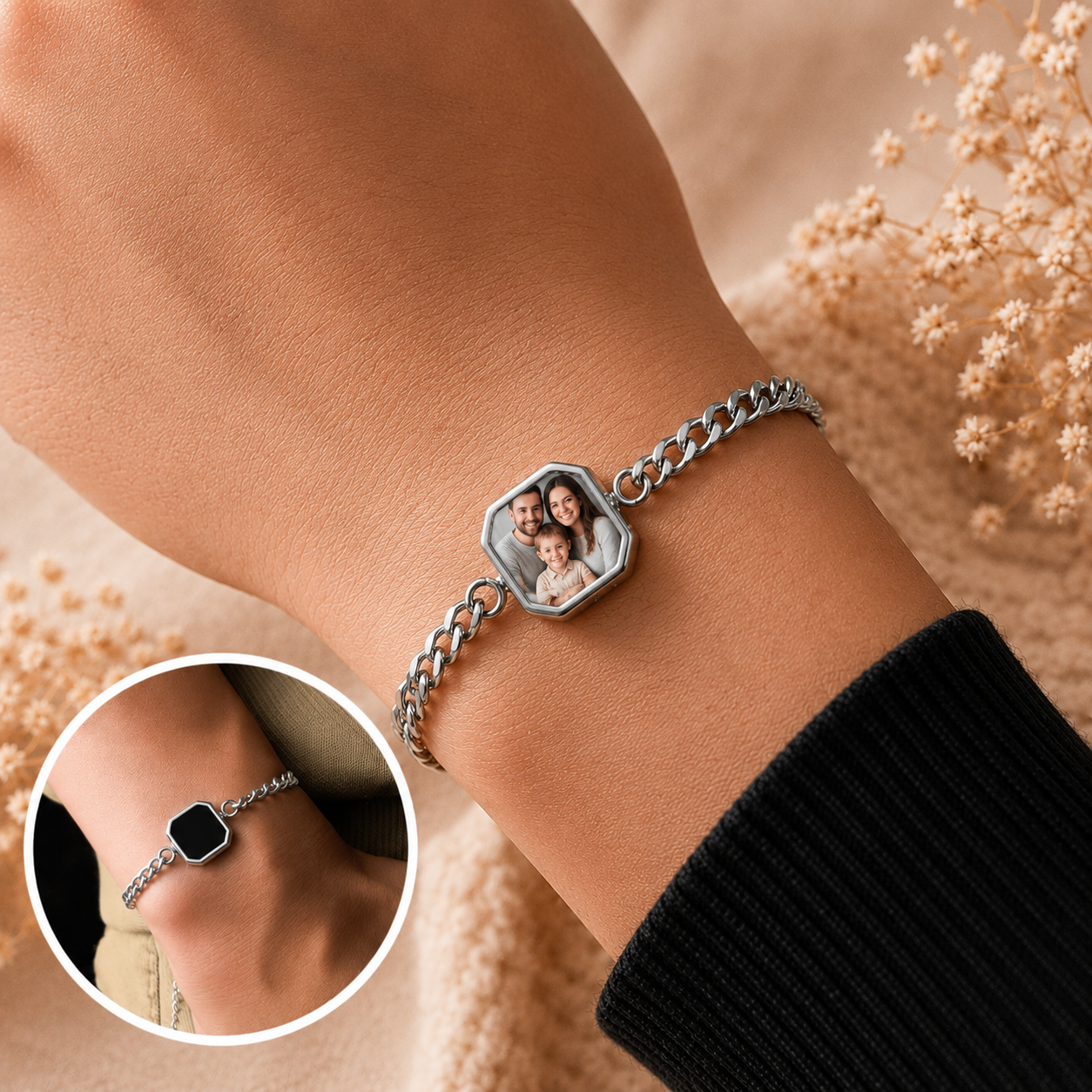 Bracelet with a photo charm worn on a wrist, with a close-up inset showing the bracelet on another wrist.