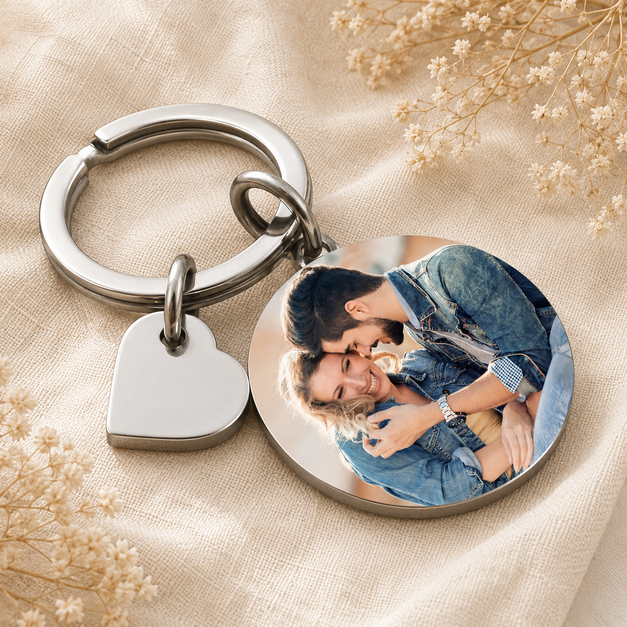 Keychain with heart tag and circular photo charm featuring a couple on a beige fabric background.