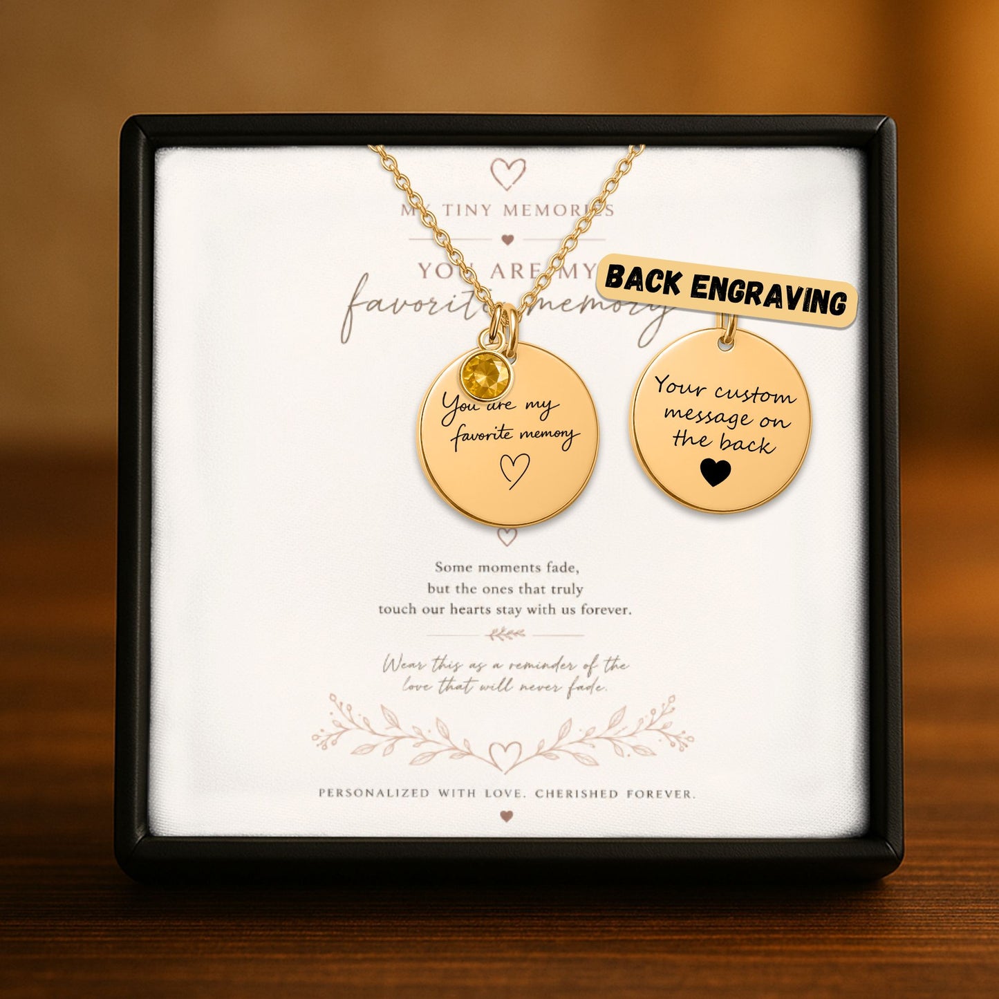 Personalized engraved birthstone necklace showing front message engraving and customizable back engraving options