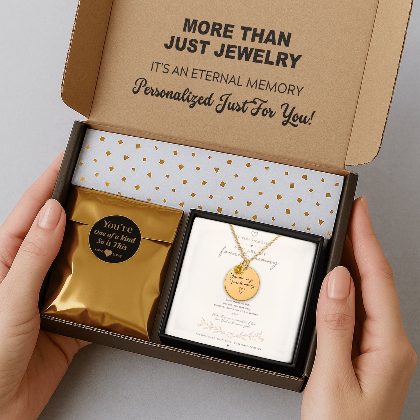 Personalized engraved birthstone necklace presented in premium keepsake gift packaging