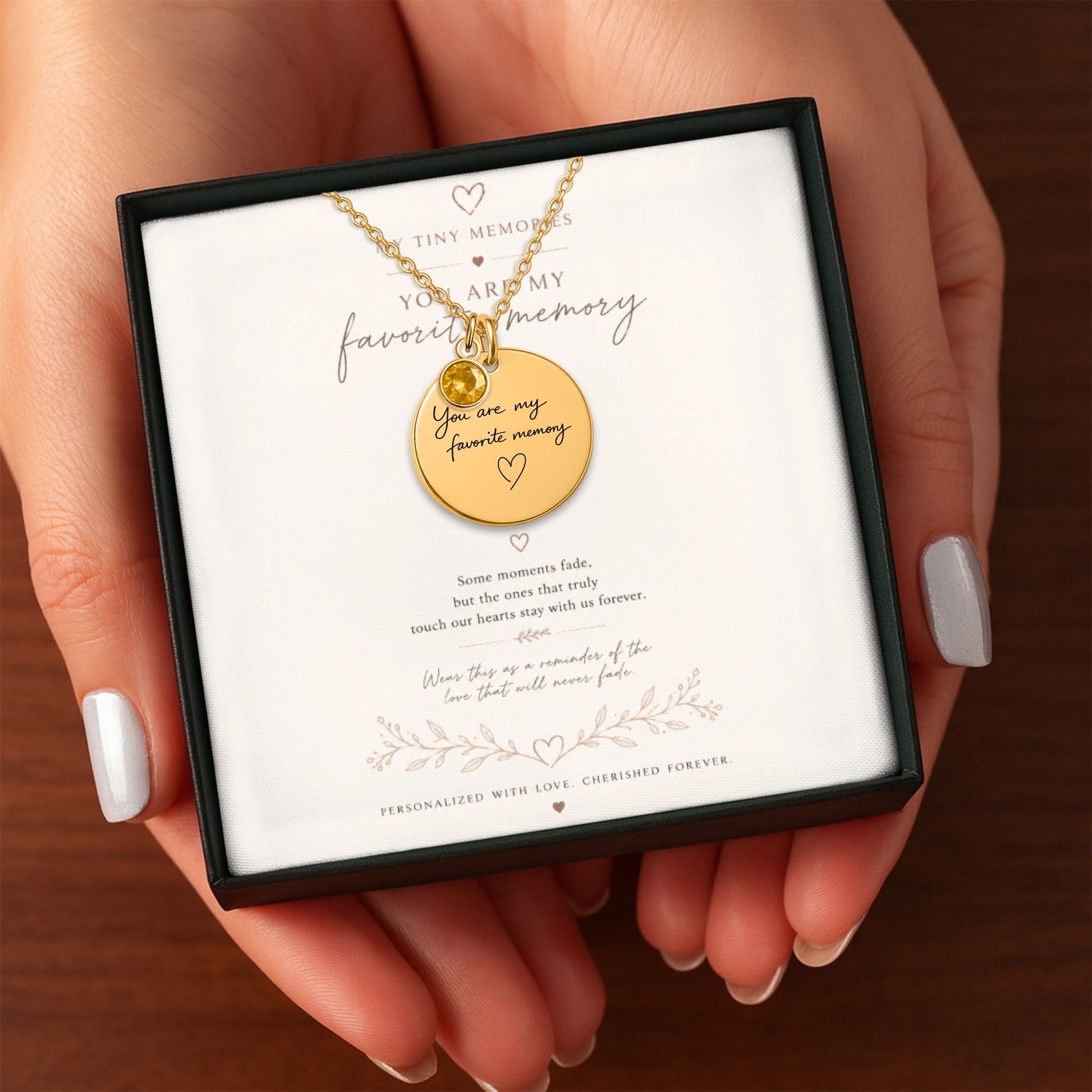 Personalized You Are My Favorite Memory necklace inside keepsake box with message card and gift presentation