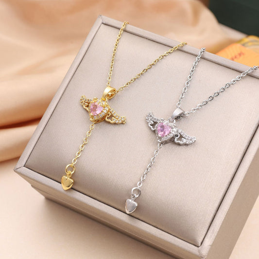 Cupid Heart Angel Wings Necklace | Moving Wings Crystal Pendant - My Tiny Memories