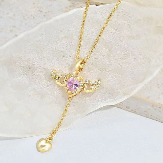 Cupid Heart Angel Wings Necklace | Moving Wings Crystal Pendant - My Tiny Memories