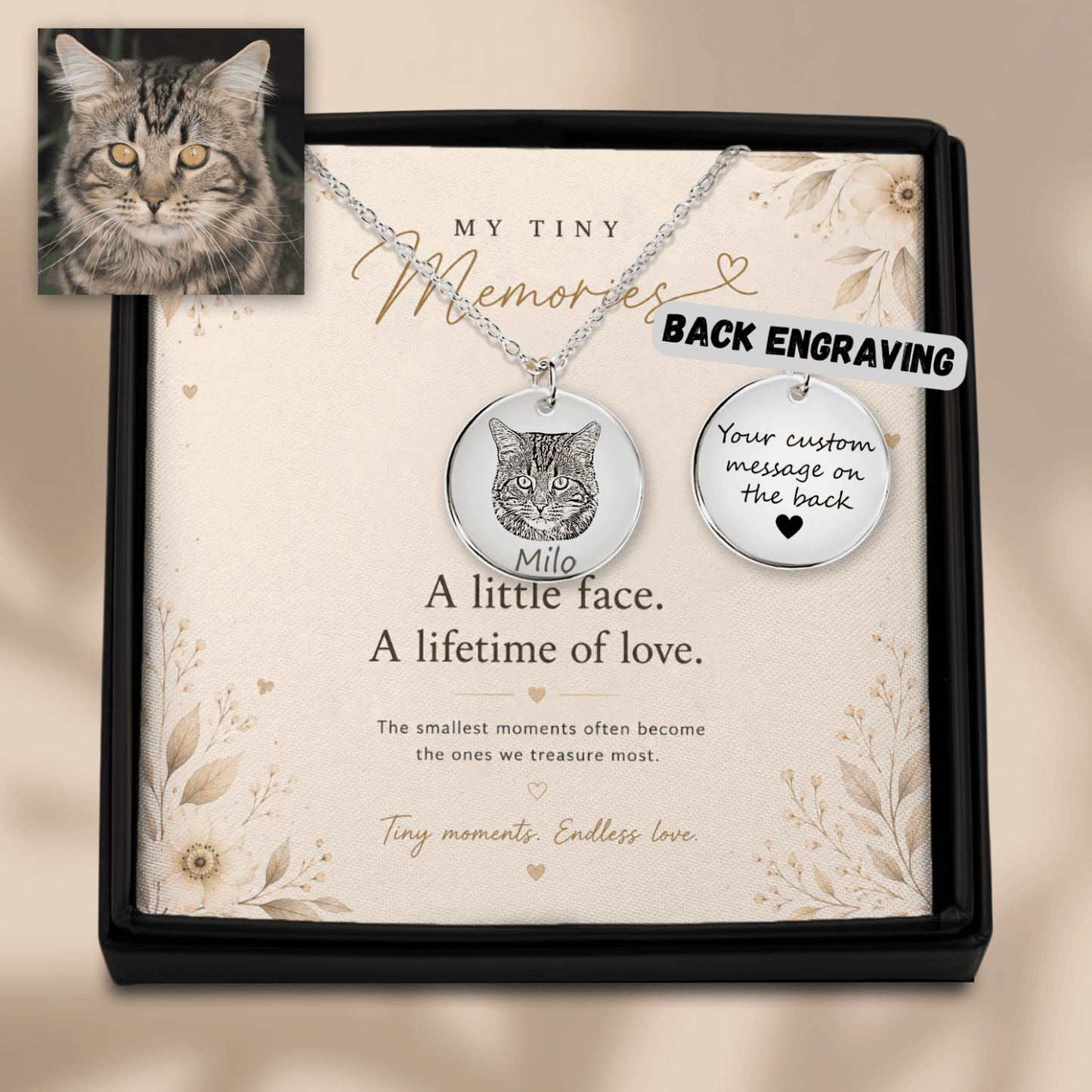 Personalized Cat Portrait Necklace | Custom Pet Keepsake Gift - My Tiny Memories