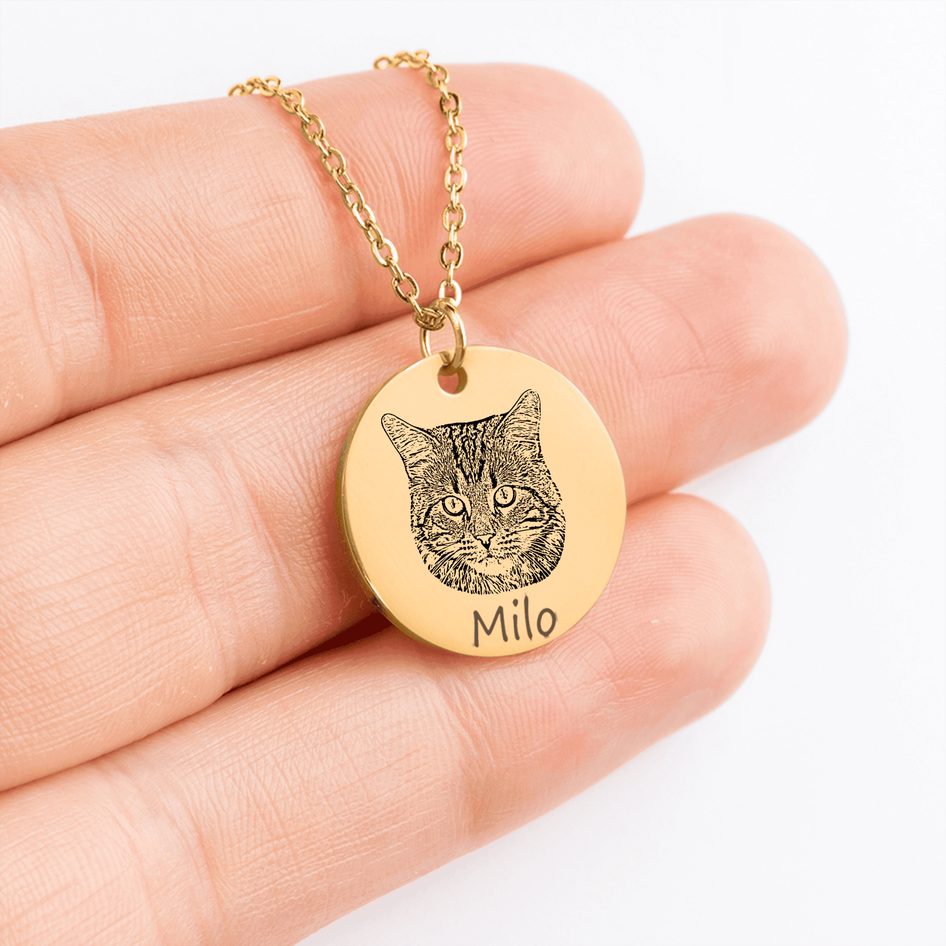Gold necklace with a cat pendant and engraved name 'Milo' held in a hand.