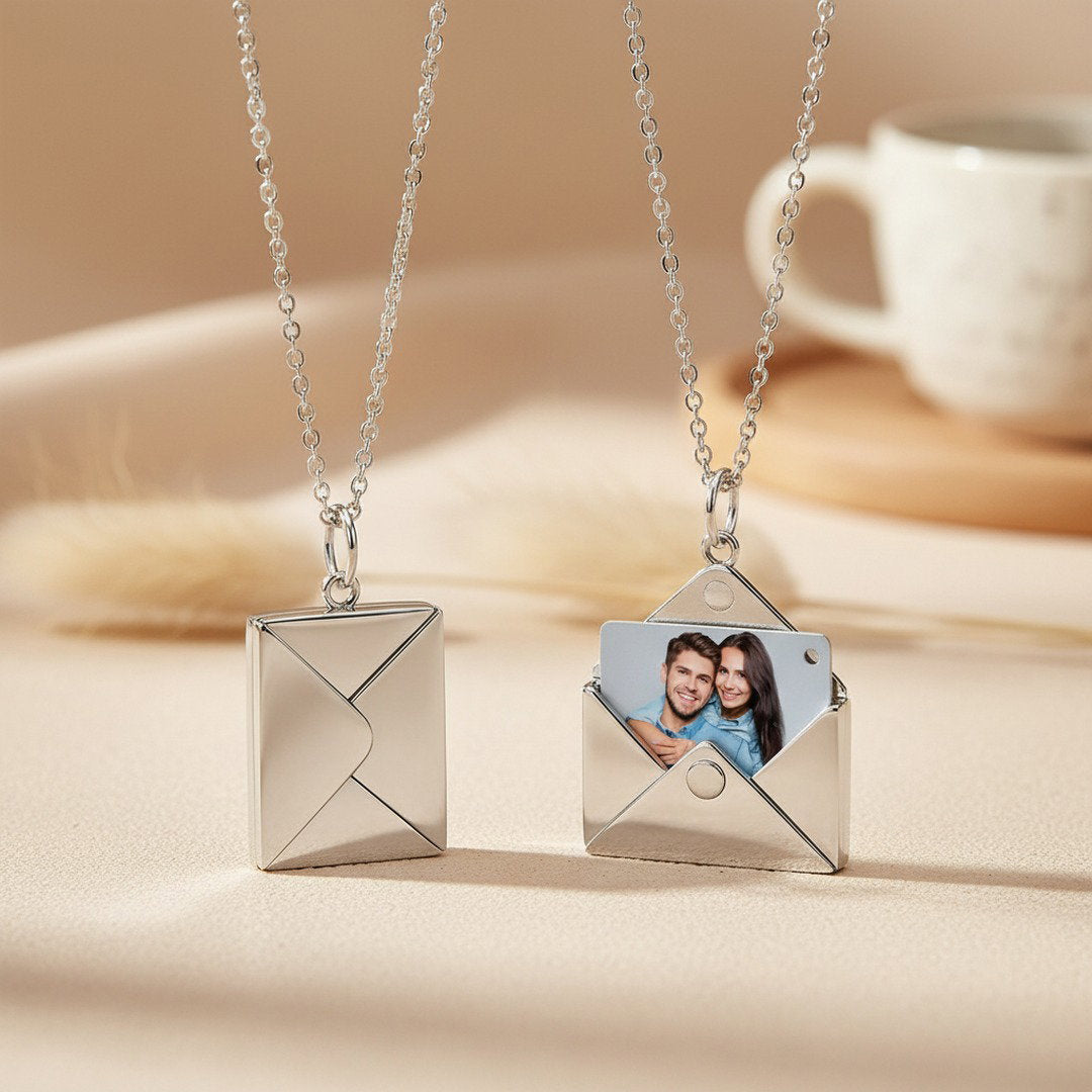 Personalized Envelope Locket Necklace Custom Engraved Photo Necklace